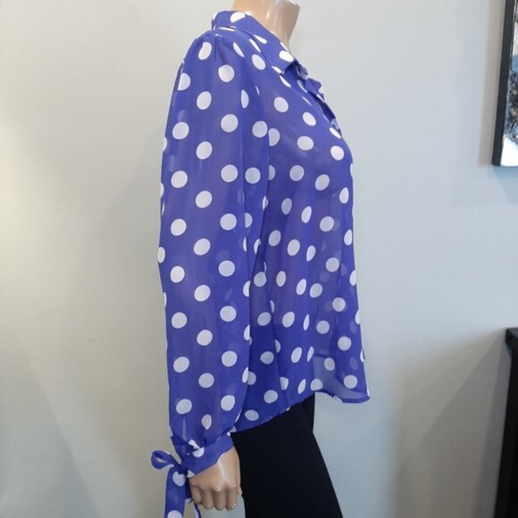 George Polka Dot Blouse Sheer Buttoned Long Sleeve Tie Cuff Flowy Top - Picture 10 of 15